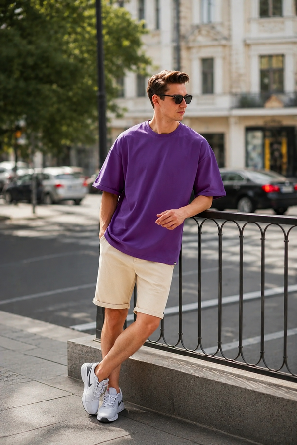 Oversized French Terry T-shirt  , Violet, S/M