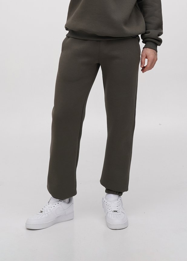 Трикотажные штаны  с резинкой по низу  на флисе, Темный Хаки, L/XL