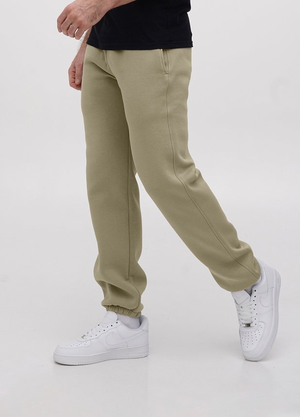 Трикотажные штаны  с резинкой по низу  на флисе, Оливковый, S/M