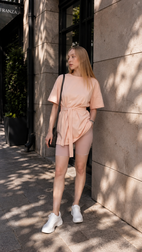 Футболка оверсайз з поясом, Персиковий, xl/2xl