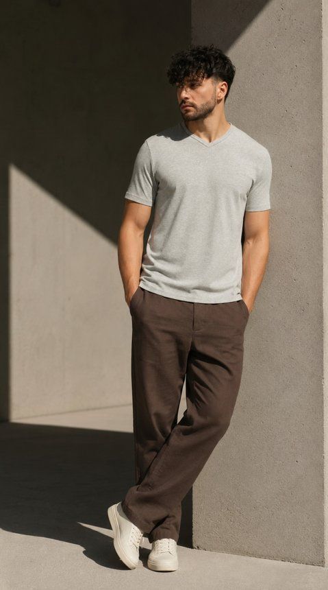 Футболка V-neck з бавовни, Сірий меланж, S