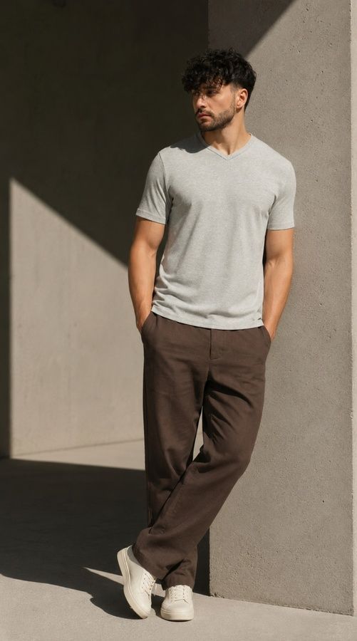Футболка V-neck з бавовни, Сірий меланж, S