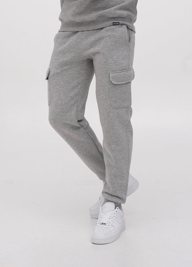 Трикотажні штани - карго на флісі , Сірий меланж, 2XL/3XL